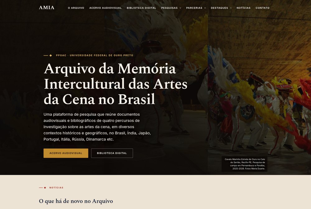 Página inicial do AMIA, Arquivo da Memória Intercultural das Artes da Cena